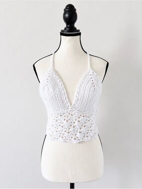 Handmade White Crochet Halter Crop Top Tie Back & Neck Knit Bralette S/M